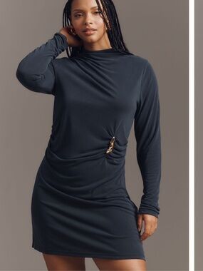 By Anthropologie Long Sleeve Gathered Mini Dress in Black Onyx NWT
